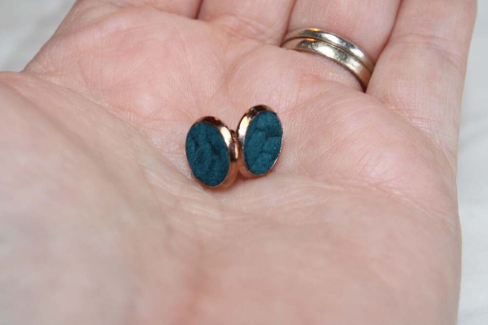 Teal Green Textile Fabric Stud Earrings in Rose Gold Tone Settings